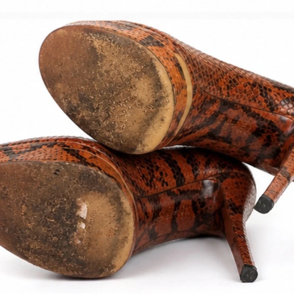 Brian Atwood Orange Snake-Print Peep-Toe Pumps